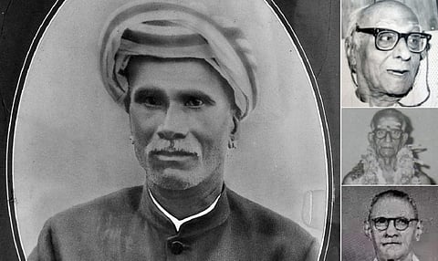 இடது: சட்டநாத கரையாளர் | வலது மேலிருந்து கீழாக - ஏ.என்.சிவராமன், கோமதி சங்கர தீட்சிதர், சோமசுந்தர பாரதியார்