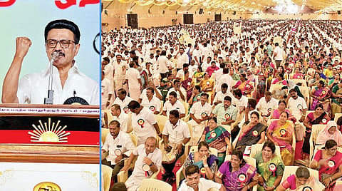 மதுரையில் நேற்று நடைபெற்ற திமுக பொதுக்குழுக் கூட்டத்தில் பேசிய முதல்வர் மு.க.ஸ்டாலின். (அடுத்த படம்) கூட்டத்தில் பங்கேற்ற பொதுக்குழு உறுப்பினர்கள் மற்றும் நிர்வாகிகள்.