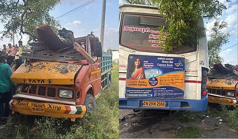 கிருஷ்ணகிரியில் அரசு பேருந்து மீது மினி லாரி மோதி விபத்து - 2 ஓட்டுநர்கள் உயிரிழப்பு; 38 பேர் படுகாயம்