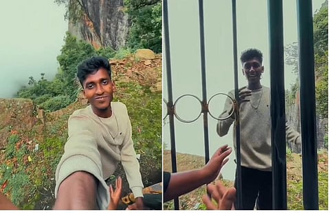 கொடைக்கானல் குணாகுகை பகுதியில் வனத்துறையினர் இரும்பு தடுப்பு கம்பிகளுக்குள் நுழைந்து வீடியோ எடுத்த இளைஞர்.