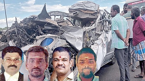 தூத்துக்குடி மாவட்டம் எட்டயபுரம் அருகே மேலக்கரந்தை பகுதியில் நேரிட்ட விபத்தில் நொறுங்கிய கார். ( உள்படம் ) தன ஜெயராமச்சந்திரன், தர் குமார், நவீன் குமார், வாசு ராமநாதன்.
