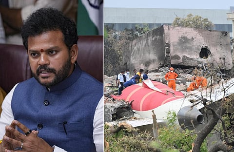 இடது: சிவில் விமான போக்குவரத்துத் துறை அமைச்சர் ராம் மோகன் நாயுடு | வலது: விமான விபத்து நிகழ்ந்த பகுதி.