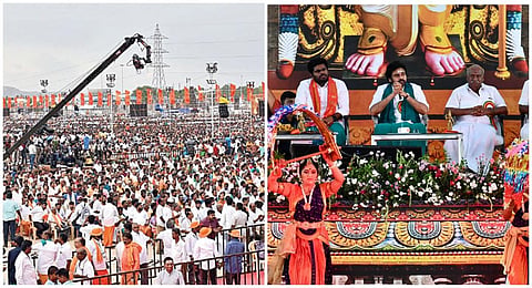 மதுரையில் நேற்று நடைபெற்ற முருக பக்தர்கள் மாநாட்டில் கலந்துகொண்ட பக்தர்களில் ஒரு பகுதியினர். (அடுத்த படம்) மாநாட்டு மேடையில் பாஜக முன்னாள் தலைவர் அண்ணாமலை, ஆந்திர துணை முதல்வர் பவன் கல்யாண், இந்து முன்னணி மாநில தலைவர் காடேஸ்வரா சுப்பிரமணியம்.படங்கள்: நா.தங்கரத்தினம்