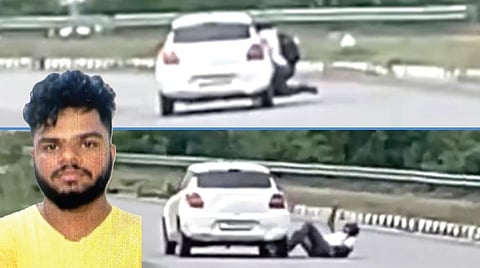 ரவுடியை பிடிக்க காரில் தொங்கியபடி சென்ற காவல் உதவி ஆய்வாளர். (அடுத்த படம்) ரவுடி அடித்து தள்ளிவிட்டதால் கீழே விழுந்தார். (உள்படம்) அழகுராஜா