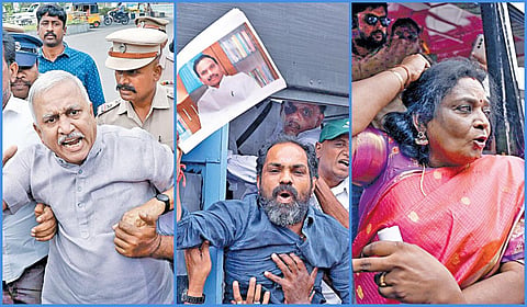 திமுக எம்.பி. ஆ.ராசாவை கண்டித்து, பாஜக சார்பில் சென்னை சிவானந்தா சாலை அருகே நேற்று ஆர்ப்பாட்டத்தில் பங்கேற்ற நாராயணன் திருப்பதி உள்ளிட்ட பாஜகவினரை போலீஸார் கைது செய்தனர். (கடைசி படம்) சைதாப்பேட்டையில் கைது செய்யப்பட்ட தமிழிசை சவுந்தரராஜன். | படங்கள்: ம.பிரபு |