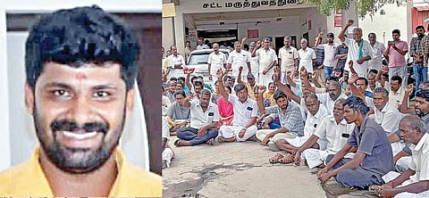 செல்வானந்தம் (அடுத்த படம்) கோவை அரசு மருத்துவமனை வளாகத்தில் உள்ள பிரேதப் பரிசோதனை கூடத்தின் முன்பு நேற்று போராட்டத்தில் ஈடுபட்ட செல்வானந்தத்தின் உறவினர்கள் மற்றும் பொதுமக்கள். படம்: ஜெ.மனோகரன்