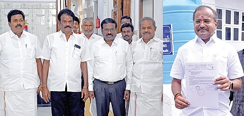 பாமக கொறடவாக உள்ள இரா.அருளை அப்பதவியில் இருந்து மாற்றுமாறு பேரவைத் தலைவரிடம் மனு அளிக்க வந்த பாமக எம்எல்ஏக்கள் வெங்கடேசன், சிவக்குமார், சதாசிவம் மற்றும் வழக்கறிஞர் பாலு. (அடுத்த படம்) பேரவை செயலரிடம் மனு அளிக்க வந்த இரா.அருள். படம்: எஸ்.சத்தியசீலன்