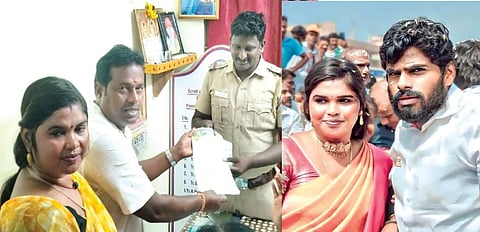 திருப்புவனம் வழக்கில் தன்னை தொடர்புபடுத்தி அவதூறு பரப்புவதாக பொன்னேரி காவல்நிலையத்தில் புகார் அளித்த திருவள்ளூர் பாஜக நிர்வாகி ராஜினி. (அடுத்த படம்) சமூக வலைதளத்தில் வெளியான புகைப்படம்.