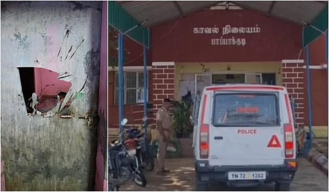 சிறுவன் அரிவாளால் வெட்டியதில் சேதமடைந்த கதவு (இடது), பாப்பாக்குடி காவல் நிலையம் (வலது).