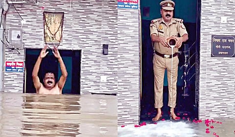 உ.பி.யில் வீட்டுக்குள் புகுந்த கங்கை நீரில் பால் ஊற்றி புனித நீராடிய போலீஸ் அதிகாரி