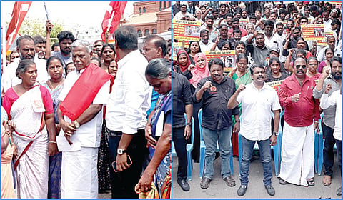 இடது: மார்க்சிஸ்ட் கம்யூனிஸ்ட் கட்சியின் மாநில செயலாளர் பெ.சண்முகம் ரிப்பன் மாளிகையில் போராட்டத்தில் ஈடுபட்டு வரும் மாநகராட்சி தூய்மை பணியாளர்களை நேற்று சந்தித்து ஆதரவு தெரிவித்தார். | வலது: தூய்மை பணிகளை தனியார் மயமாக்குவதை கண்டித்து நாம் தமிழர் கட்சியின் தலைமை ஒருங்கிணைப்பாளர் சீமான் தலைமையில் அக்கட்சியினர் சென்னை மாவட்ட ஆட்சியர் அலுவலகம் அருகே ஆர்ப்பாட்டத்தில் ஈடுபட்டனர்.