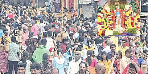 ஆடிக் கிருத்திகையையொட்டி திருத்தணி சுப்பிரமணிய சுவாமி கோயிலில் ஏராளமான பக்தர்கள் காவடி எடுத்து வந்து நேர்த்திக்கடன் செலுத்தினர். (உள்படம்) சிறப்பு அலங்காரத்தில் வள்ளி, தெய்வானையுடன் முருகப்பெருமான்.
