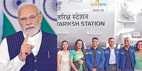 டெல்லியில் உள்ள பாரத் மண்டபத்தில் நேற்று தேசிய விண்வெளி தின விழா நடைபெற்றது. இதில் காணொலி வாயிலாக பிரதமர் நரேந்திர மோடி பேசினார். (அடுத்த படம்) விழாவில், இந்திய விண்வெளி நிலையத்தின் மாதிரி அறிமுகம் செய்யப்பட்டது. இந்தியாவின் ‘ககன்யான்’ திட்ட விண்வெளி வீரர்கள் ஷுபான்ஷு சுக்லா, பிரசாந்த் பாலகிருஷ்ணன் நாயர், அஜித் கிருஷ்ணன் ஆகியோர் இதை குடும்பத்துடன் பார்வையிட்டனர்.படங்கள்: பிடிஐ