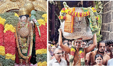 பிரம்மாண்ட மாலையுடன் சிறப்பு அலங்காரத்தில் ஆண்டாள். (அடுத்த படம்) வில்லிபுத்தூர் ஆண்டாள் கோயிலில் இருந்து திருப்பதிக்கு அனுப்பி வைக்கப்பட்ட பூமாலை உள்ளிட்ட மங்கலப் பொருட்கள்.