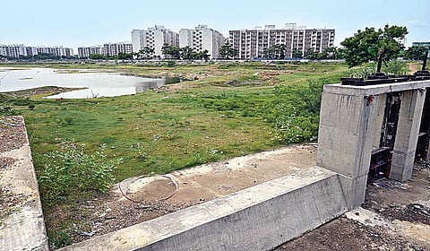 தண்ணீரின்றி வறண்டு காட்சியளிக்கும் பள்ளிக்கரணை அணை ஏரி.
