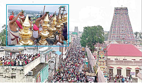 கும்பகோணம் ஆதிகும்பேஸ்வரர் கோயில் கும்பாபிஷேகம் நேற்று நடைபெற்றது. இதில் ஆயிரக்கணக்கான பக்தர்கள் கலந்து கொண்டனர். (உள்படம்) ராஜகோபுர கும்பங்களுக்கு புனிதநீர் ஊற்றிய சிவாச்சாரியார்கள்.