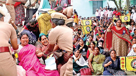 போராட்டத்தில் ஈடுபட்ட ஆசிரியர்களை குண்டு கட்டாகத் தூக்கி அங்கிருந்து வெளியேற்றிய போலீஸார். (அடுத்த படம்) சம வேலைக்கு சம ஊதியம் வழங்கக்கோரி, எழும்பூரில் உள்ள மாவட்ட முதன்மைக் கல்வி அதிகாரி அலுவலக வளாகத்தில் நேற்று போராட்டத்தில் ஈடுபட்ட இடைநிலை ஆசிரியர்கள். படங்கள்: ம.பிரபு