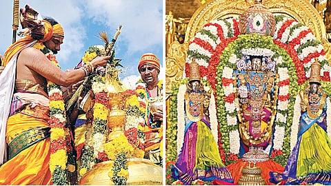 திருக்கோஷ்டியூர் சவுமிய நாராயண பெருமாள் கோயில் கும்பாபிஷேகத்தையொட்டி தங்க கோபுரத்துக்கு ஊற்றப்பட்ட புனிதநீர். (அடுத்த படம்) சிறப்பு அலங்காரத்தில் ஸ்ரீதேவி, பூதேவியுடன் பெருமாள்.