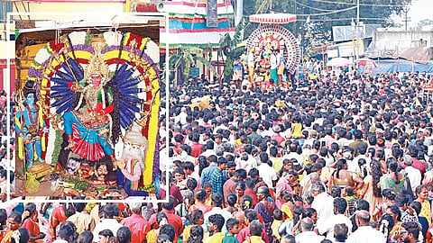 மேல்மலையனூர் அங்காளம்மன் கோயிலில் நடைபெற்ற மயான கொள்ளை விழாவில் அம்மனின் உற்சவத்தை காண திரண்டிருந்த பக்தர்கள். (உள்படம்) விஸ்வரூப அலங்காரத்தில் எழுந்தருளிய அங்காளம்மன்.