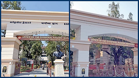 திருச்சி கோட்ட ரயில்வே மேலாளர் அலுவலக நுழைவு வாயிலில் ‘கர்தவ்ய த்வார்’ என இந்தி, ஆங்கிலம், தமிழில் இருந்த எழுத்துகள். (அடுத்த படம்) திமுகவினர் போராட்டத்தை தொடர்ந்து அகற்றப்பட்ட எழுத்துகள்.