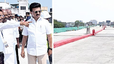தேனாம்பேட்டை முதல் சைதாப்பேட்டை வரை கட்டப்பட்டு வரும் நான்கு வழித்தட உயர்மட்டச் சாலையின் கட்டுமானப் பணிகளை முதல்வர் மு.க.ஸ்டாலின் நேற்று ஆய்வு செய்தார்.