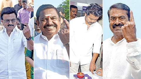 சென்னையில் வாக்களித்த முதல்வர் ஸ்டாலின். படம்: எஸ்.சத்தியசீலன் | சிலுவம்பாளையத்தில் வாக்களித்த பழனிசாமி. படம்: எஸ்.குருபிரசாத் | நீலாங்கரையில் தவெக தலைவர் விஜய், நாதக ஒருங்கிணைப்பாளர் சீமான். படங்கள்: எல்.சீனிவாசன்