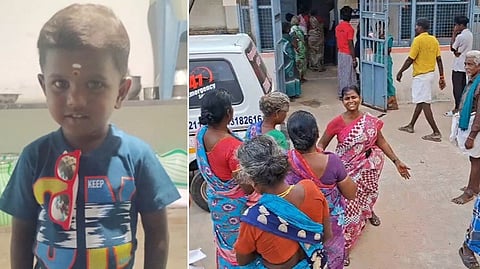 உயிரிழந்த சிறுவன் சஞ்சீவி | குளித்தலை மாவட்ட அரசு தலைமை மருத்துவமனை முன் திரண்டிருந்த சிறுவனின் உறவினர்கள் மற்றும் கிராமத்தினர்