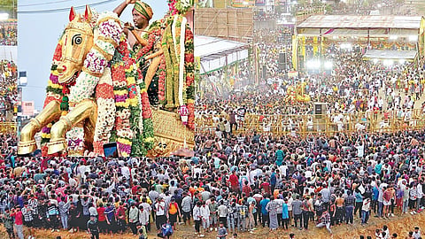 மதுரை சித்திரைத் திருவிழாவில் வைகை ஆற்றில் இறங்கிய கள்ளழகரை தரிசிக்க திரண்டிருந்த பக்தர்கள் கூட்டத்தின் ஒரு பகுதி. உள்படம்: சித்திரைத் திருவிழாவில் லட்சக்கணக்கான பக்தர்கள் புடைசூழ பச்சை பட்டு உடுத்தி வைகை ஆற்றில் இறங்கிய கள்ளழகர்.படங்கள்: நா.தங்கரத்தினம்