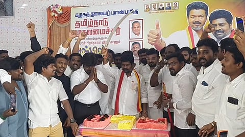 வாளால் கேக் வெட்டி பிறந்த நாள் கொண்டாடிய தவெக எம்எல்ஏ விஜய் தாமு.