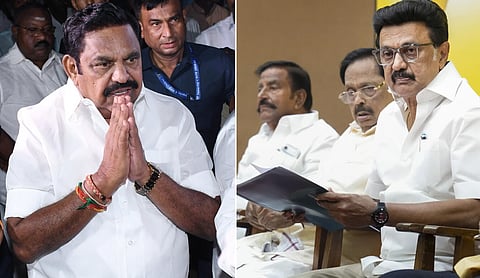 இடது:புதுச்சேரியில் பழனிசாமி | வலது: அறிவாலயத்தில் ஸ்டாலின்