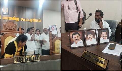 கரூர் மாநகராட்சி கூட்டத்தில் ஸ்டாலின் படம்: அதிமுக, காங். கவுன்சிலர்கள் போராட்டத்தால் சலசலப்பு