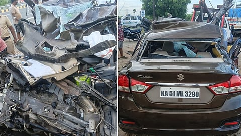 கரூர் அருகே லாரி மீது கார் மோதி விபத்து: கர்ப்பிணி உள்பட மூவர் உயிரிழப்பு