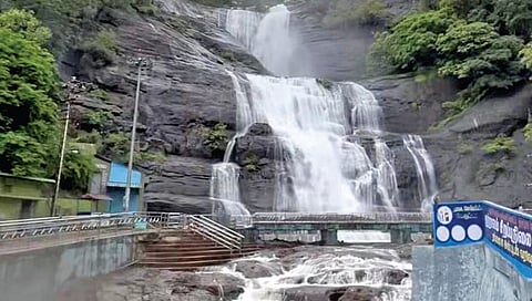 குற்றாலம் பிரதான அருவியில் பெருக்கெடுத்து ஓடிய வெள்ளம்.