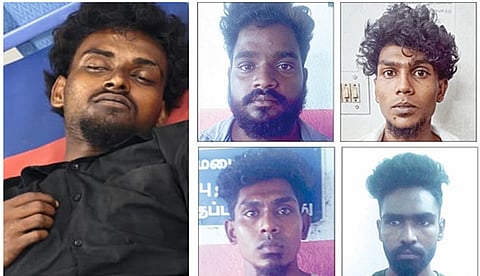 துப்பாக்கியால் சுட்டுப்பிடிக்கப்பட்ட ரவுடி ரூபேஷ் மற்றும் கைது செய்யப்பட்ட சூர்யா, உதயராஜா, கார்த்திக் ராஜா, ராகேஷ் ராஜா.