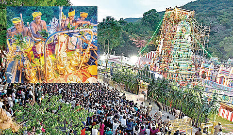 அழகர்கோவில் மலை்யில் உள்ள சோலைமலை முருகன் கோயில் கும்பாபிஷேகத்தில் பங்கேற்ற பல்லாயிரக்கணக்கான பக்தர்கள். (உள்படம்) கோபுரக் கலசங்கள் மீது புனிதநீர் ஊற்றும் சிவாச்சாரியார்கள். படங்கள்: நா. தங்கரத்தினம்