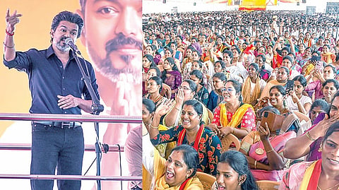 கரூரில் நேற்று நடைபெற்ற மக்கள் சந்திப்பு நிகழ்ச்சியில் பேசிய முதல்வரும், தவெக தலைவருமான விஜய். (அடுத்த படம்) கூட்டத்தில் பங்கேற்றவர்களின் ஒரு பகுதியினர். படங்கள்: ர.செல்வமுத்துகுமார்
