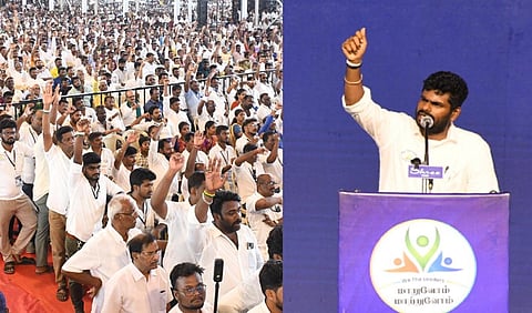 ‘வீ த லீடர்ஸ்’ அமைப்பின் முதல் மாநாடு ‘போதையில்லா தமிழகம்’ என்ற பெயரில் பொள்ளாச்சியில் நேற்று நடைபெற்றது. இதில் பங்கேற்ற தொண்டர்கள் கைகளை உயர்த்தி உறுதிமொழி ஏற்றனர். (அடுத்த படம்) மாநாட்டில் பேசிய அமைப்பின் தலைமை வழிகாட்டி அண்ணாமலை. படங்கள்: ஜெ.மனோகரன்