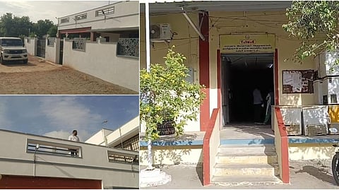 செந்தில்பாலாஜியின் வீடு (இடது), கரூர் தொழிற்பேட்டையில் உள்ள டாஸ்மாக் அலுவலகம் (வலது)