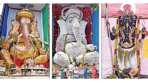 விநாயகர் சதுர்த்தியை முன்னிட்டு, சென்னை கொளத்தூர் பகுதியில் வைக்கப்பட்டிருந்த 2,800 கண் திருஷ்டி கணபதி யந்திரங்கள் மற்றும் 2,800 கண் திருஷ்டி சூரிய சக்கரங்களால் ஆன 42 அடி விநாயகர் சிலை. (அடுத்த படம்) 12,000 மகாலட்சுமி சங்கு, 4,000 சிப்பிகளைக் கொண்டு உருவாக்கப்பட்ட 41 அடி உயரம் 32 அடி அகலம் கொண்ட மகாலட்சுமி சங்கு விநாயகர். (கடைசி படம்) 250 கிலோ அரகஜா கண் மை மூலம் உருவாக்கபட்ட விநாயகர் சிலை. | படங்கள்: ம.பிரபு |