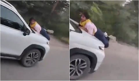 காதலியுடன் ஊர் சுற்றியபோது காரை இடைமறித்த மனைவியை பானெட்டில் இழுத்து சென்ற கணவர்
