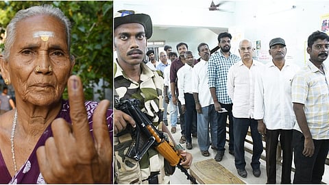தட்டாஞ்சாவடியில் வாக்குச்சாவடிக்கு முதலாவதாக வந்து வாக்களித்த 75 வயது மூதாட்டி அமுதா. (இடது)