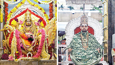 தி.நகர் ஸ்ரீபாரதி வித்யாஷ்ரமத்தில் ஹம்ச வாகன அலங்காரத்தில் நேற்று அருள்பாலித்த ஸ்ரீசாரதாம்பாள். | சிருங்கேரி ஸ்ரீசாரதாம்பாள் சந்நிதியில் நவராத்தியில் நடைபெறும் ராஜ தர்பார் காட்சி. (கோப்புப் படம்)