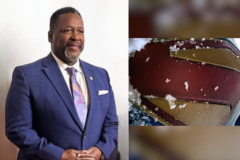 Left: Wendell Pierce ; Right: The new superman logo shared by James Gunn