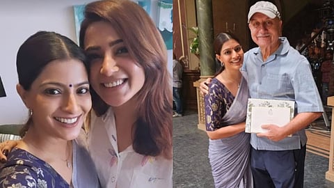 In frame: Varalaxmi with Samantha (L); Varalaxmi with Anupam (R)