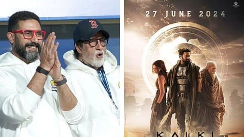 In frame: Abhishek and Amitabh (L); Kalki 2898 AD poster (R)