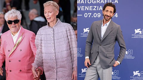 Pedro Almodóvar with Tilda Swinton (L), Adrien Brody (R)