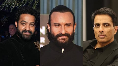 Jr NTR (L); Saif Ali Khan (C); Sonu Sood (R)