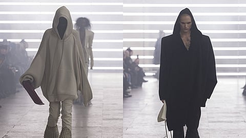 Models wear creations as part of the Rick Ownes' 2025-2026 collection