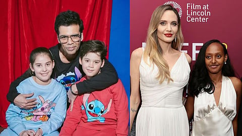 Karan Johar with his kids (L); Angelina Jolie with daughter (R)