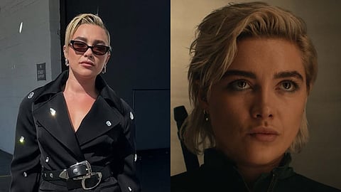 Florence Pugh (L); Florence Pugh as Yelena Belova in Thunderbolts (R)